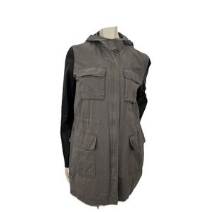 DKNY Grey  And Black Cargo Coat Drawstring Waist Full Lined Zipper Hood Outdoors
